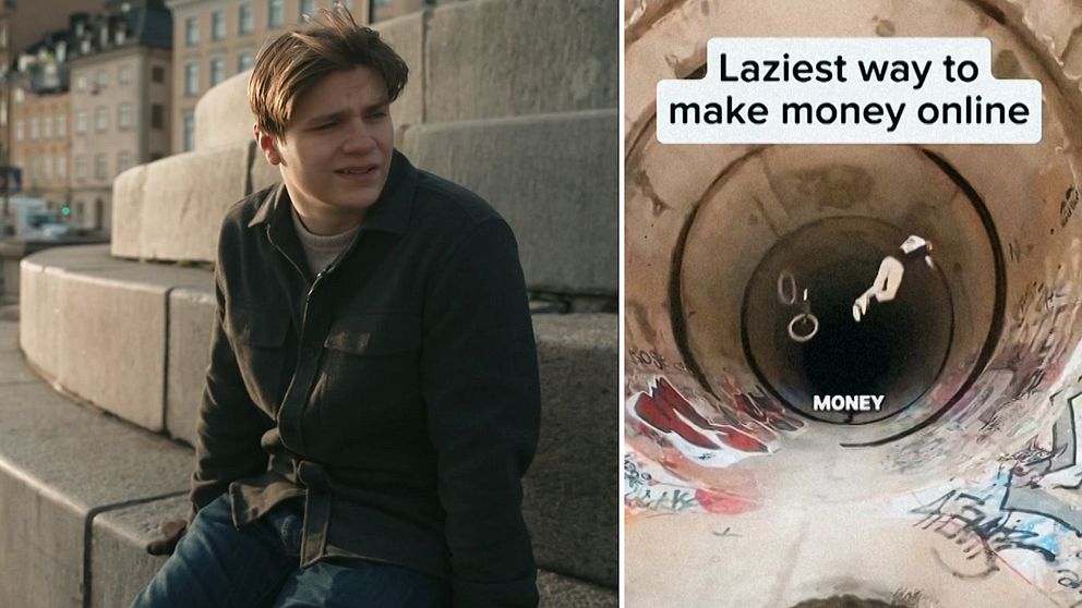 Delad bild. Vänster: man sitter vid stenstruktur. Höger: text ”Laziest way to make money online.”
