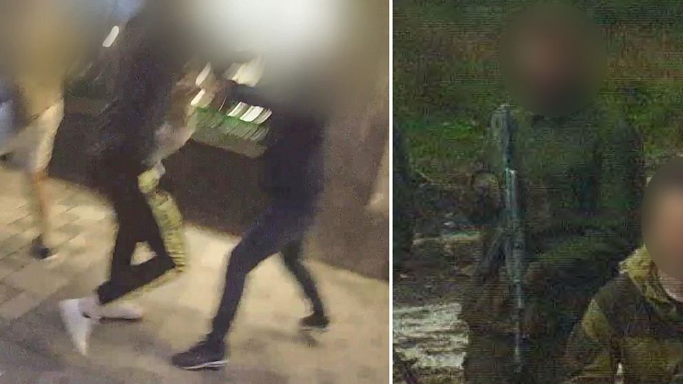Tvådelad bild. Till vänster: Ögonblicket då huliganer ryker ihop. Till höger: Person i militärkläder håller ett vapen.