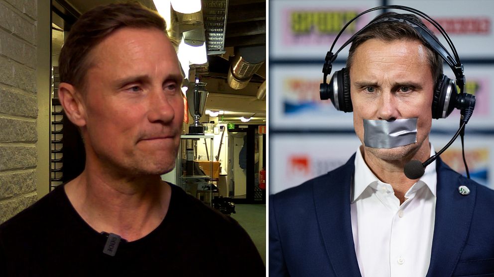 Delad bild. Till vänster: person i svart tröja i en korridor. Till höger: person i kostym med headset.