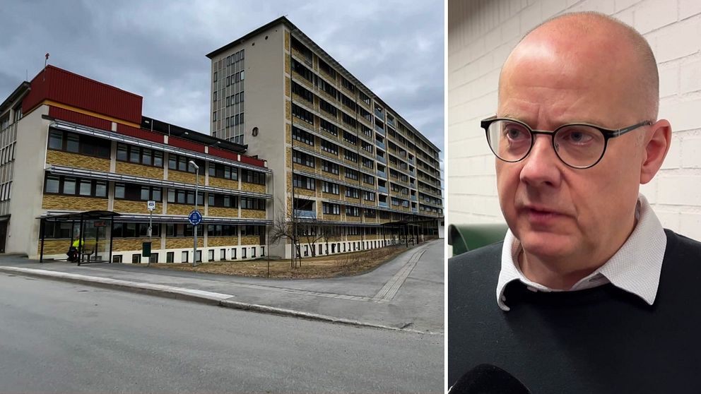 Till vänster: Sollefteå sjukhus, till höger: John Åberg, socialdemokrat i sollefteå kommun. Partier i Sollefteå kommun protesterar mot ett förslag från konsultfirman Ernst & young, som har kommit med förslag på sjukhusets framtid.