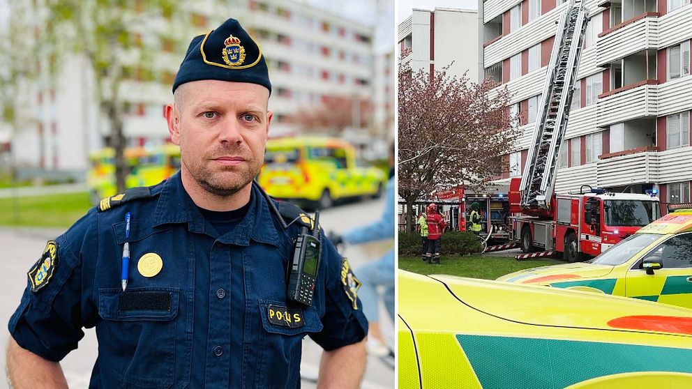 En polis står i ett bostadsområde, i bakgrunden syns blåljusfordon. Till höger syns brandbilens stegbil och en ambulans.