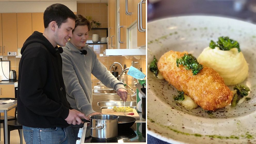 Tvådelad bild. Till vänster: två personer lagar mat. Till höger: Chicken Kiev