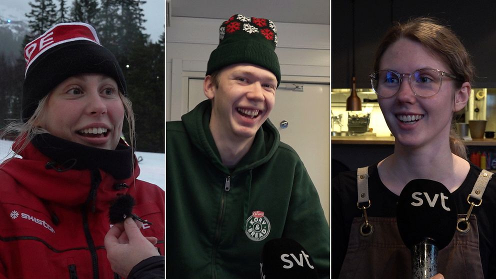 Tre bilder i ett montage med personer som intervjuas av SVT. Alice Erlandsson, Arvid Marklund och Julia Lundin syns i bilderna och alla jobbar på olika sätt som säsongare.