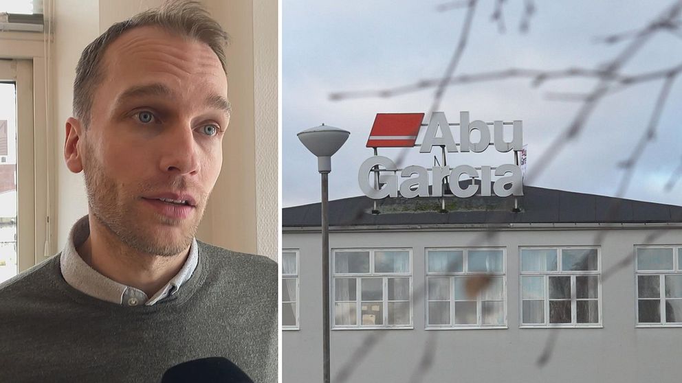 Bildens vänstra sektion visar en person som står nära ett fönster, iförd en grå tröja med en vit skjorta under. Den högra sektionen visar en vy av Abu Garcia:s byggnad med sin välkända skylt.