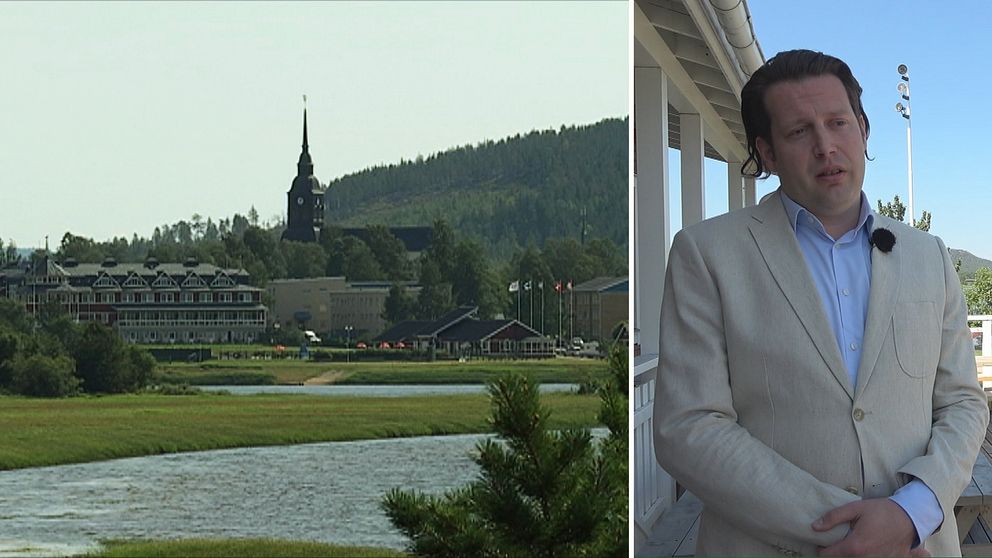 Till vänster bild på Överkalix med hotellet och Kyrkan synliga. Till höger bild på mäklare Akos Fonda.