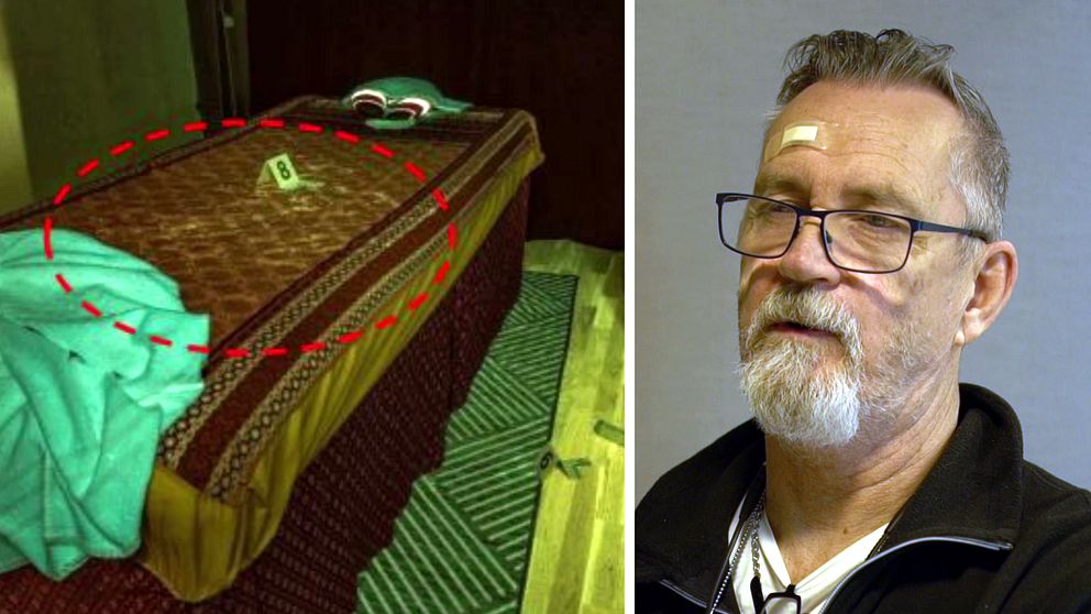 Delad bild. Till vänster: bäddad säng markerad med röd cirkel. Till höger: man i skjorta.