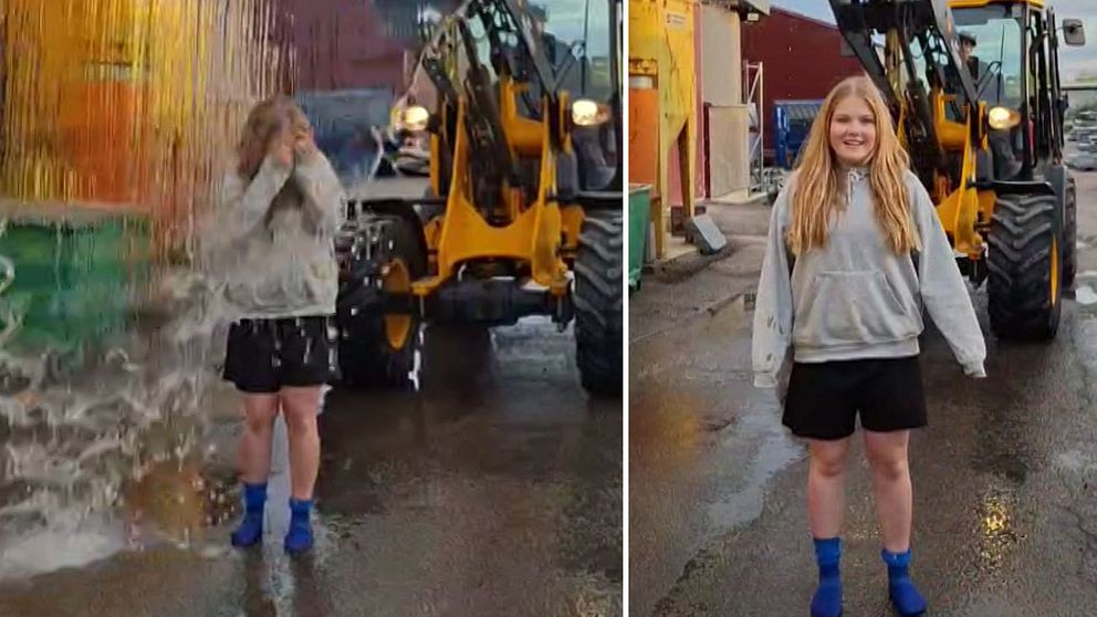 Tvådelad bild. Vänster: Flicka fåt vatten över sig. Höger: Flicka står framför en traktor med en grävskopa.