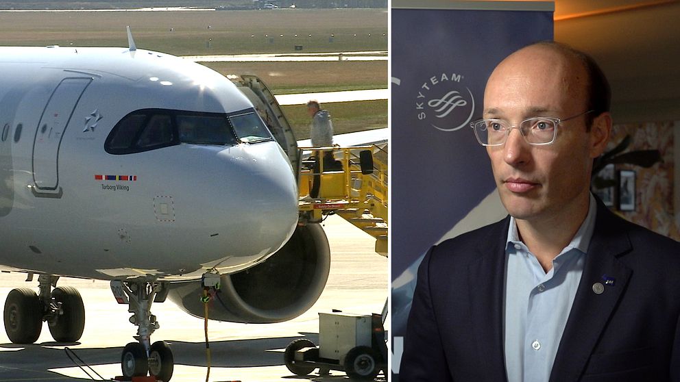 Till vänster syns ett flygplan på en flygplats. Till höger står Anko van der Werff, vd för SAS.