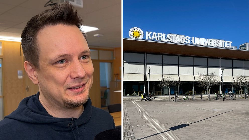 Delad bild. Vänster: person inomhus. Höger: entrén till Karlstads universitet utomhus.
