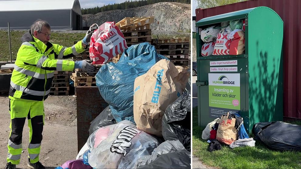 Delad bild. Vänster: person slänger påse på överfull sopstation. Höger: full klädinsamling.