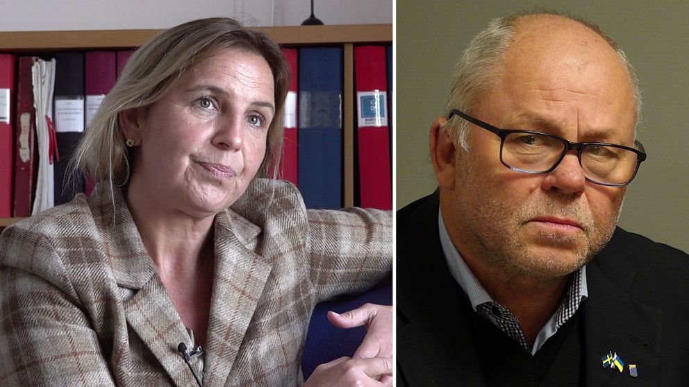En delad bild som visar två personer som deltar i en intervju. Den vänstra sektionen visar en kvinna i en rutmönstrad kavaj som sitter i en stol, omgiven av en biblioteksliknande miljö med arkivlådor i bakgrunden. Den högra sektionen visar en man klädd i en svart väst som sitter med armarna i kors, framför en neutral bakgrund.