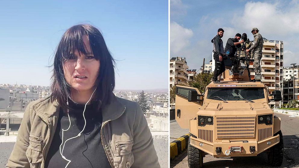 Tvådelad bild. Till vänster frilansjournalisten Lina Malers med en stad i Syrien i bakgrunden. Till höger säkerhetsstyrkor lojala till Syriens regering som står vid ett stridsfordon på en väg i Latakia.