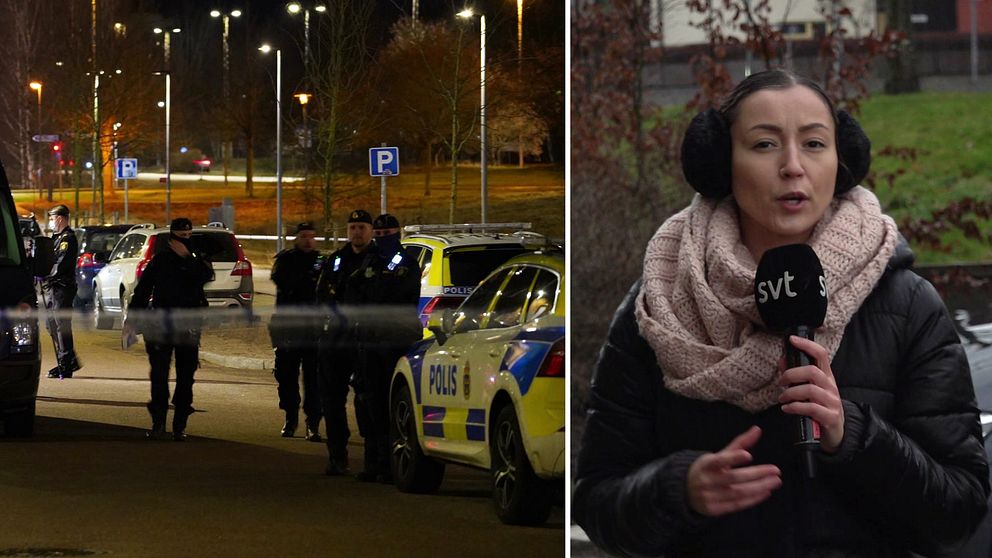 Poliser i uniform står vid flera polisfordon på en parkeringsplats under natten, med gatubelysning i bakgrunden. Till höger syns en person som rapporterar, iklädd en varm jacka och en stor halsduk, som håller i en mikrofon med SVT:s logotyp.