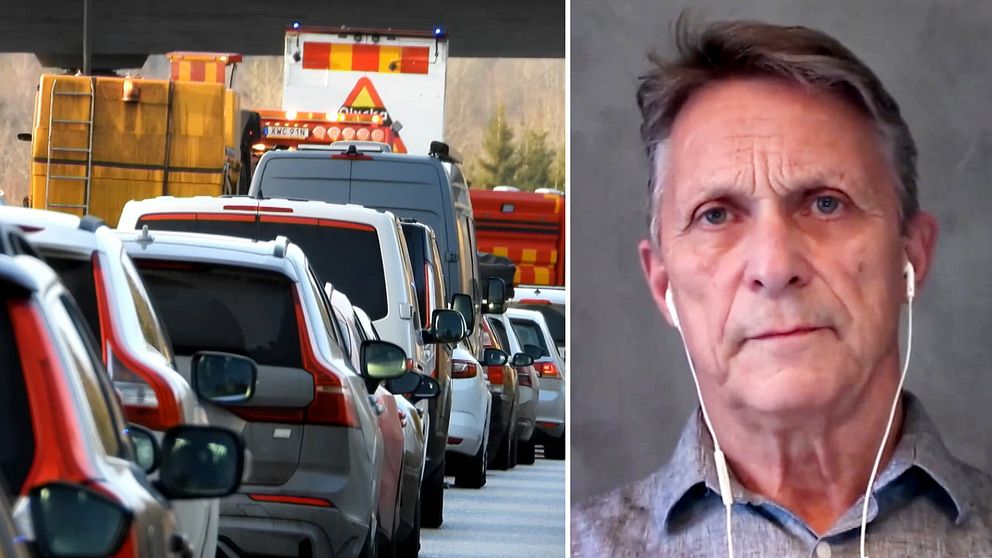 Bilden består av två sektioner. Den vänstra sektionen visar bilar i kö på en trafikerad väg. Den högra sektionen visar trafikverkets presschef Bengt Olsson.