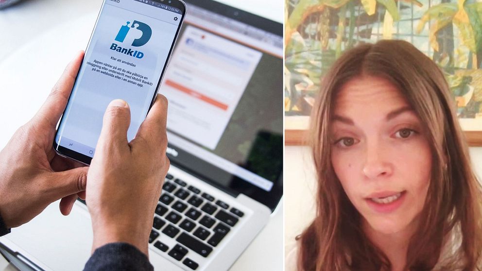 Genrebild på hand som håller telefon med bank-id-appen framför en laptop. Till höger i bild, Diskrimineringsombudsmannens jusrist, Sandra Danowsky.