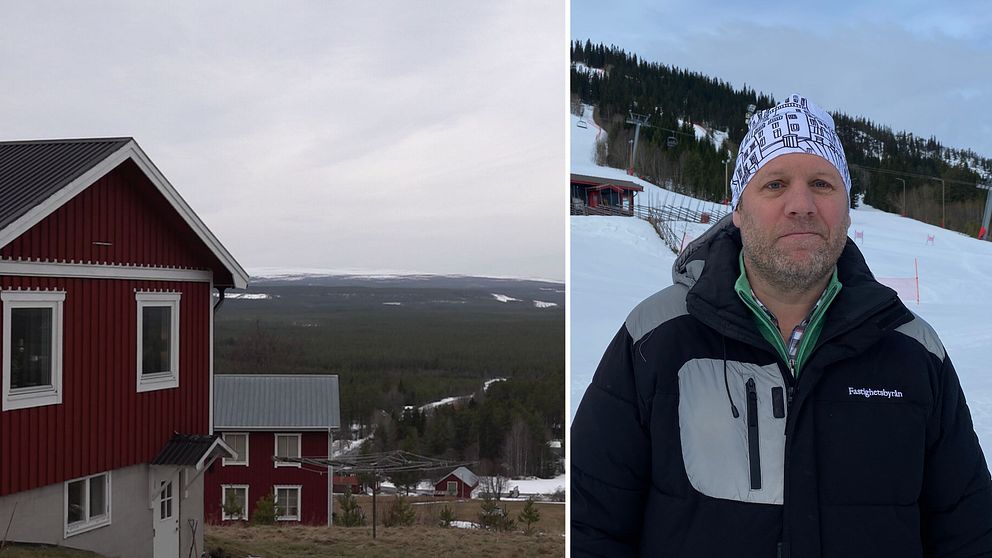 Tvådelad bild. Vänster: röda hus på landsbygden. Höger: person står framför en snötäckt backe.