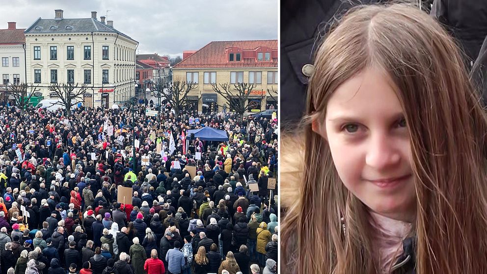 Till vänster folk som demonstrerar på Nya stadens torg, till höger Lisa som ska utvisas till Albanien.