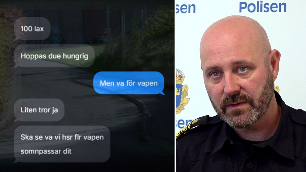 Delad bild som visar två sektioner. Den vänstra innehåller en skärmdump av en sms-konversation där användarna diskuterar val av vapen. Den högra visar Tony Quiroga, tf lokalpolisområdeschef i Karlskoga, som blir intervjuad framför polisens emblem.