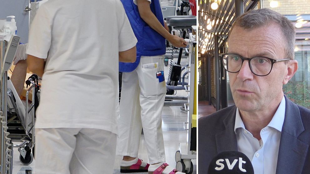 En delad bild med två sektioner. Den vänstra sektionen visar vårdpersonal i en sjukhusmiljö som arbetar med patienter, omgiven av medicinsk utrustning. Den högra sektionen visar en person som intervjuas för en nyhetsrapportering, stående i en modern miljö med belysning i bakgrunden.