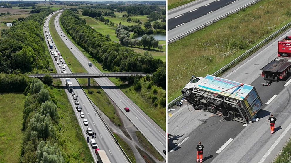 Glassbil voltade på E6 och blockerade Trafiken