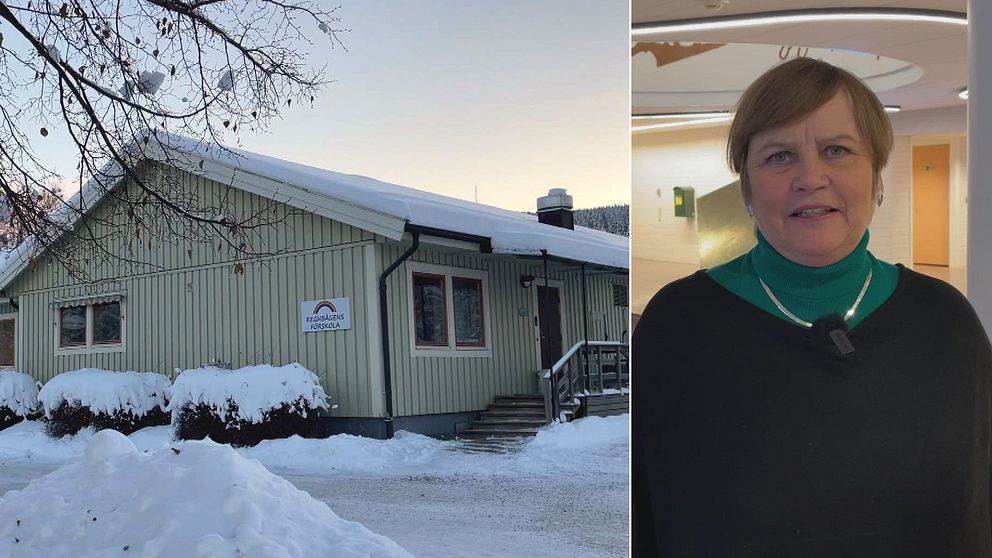 Bild på förskolan Regnbågen i Sollefteå. Till höger står Maria Wennberg (C)