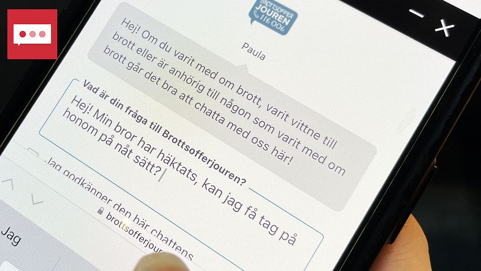 Mobilskärm som visar Brottsofferjourens chatt