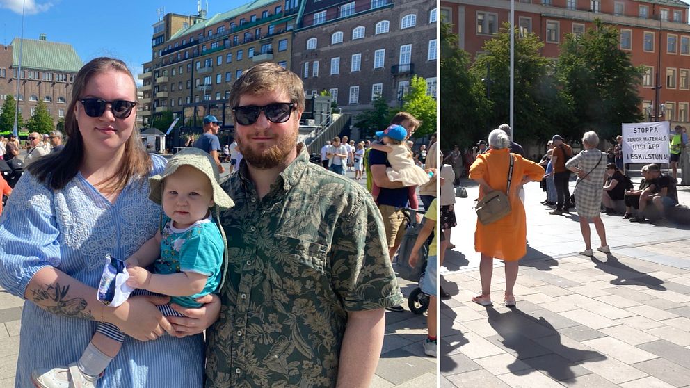 Delad bild. Framtida grannar till Seniors fabrik i Eskilstuna till vänster. En skylt och människor som deltog i protesten till höger.