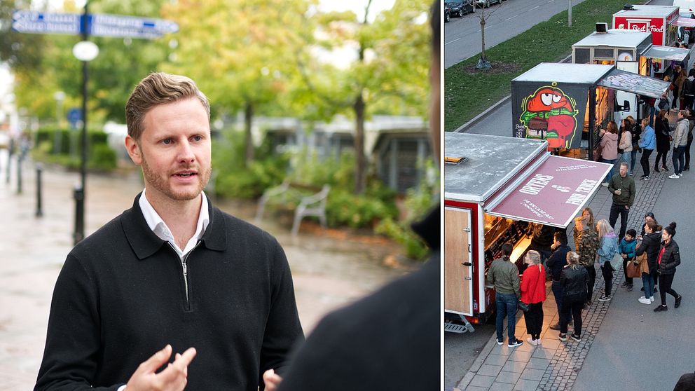Sebastian Cehlin (M) gestikulerar med sina händer framför USÖ i Örebro.