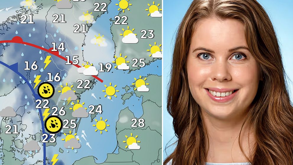 Väderkarta över Sverige som visar att regn- och åskväder är på gång. Till höger: SVT:s meteorolog Emma Härenstam.