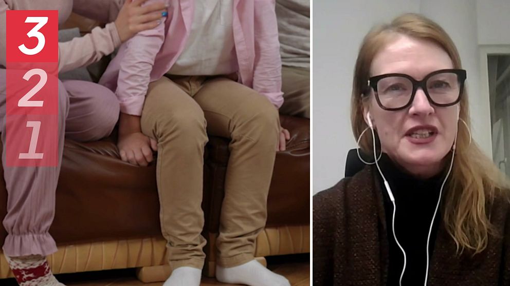 Vänster: en förälder och ett barn sitter i soffan Höger: Sara André, socionom på Bris