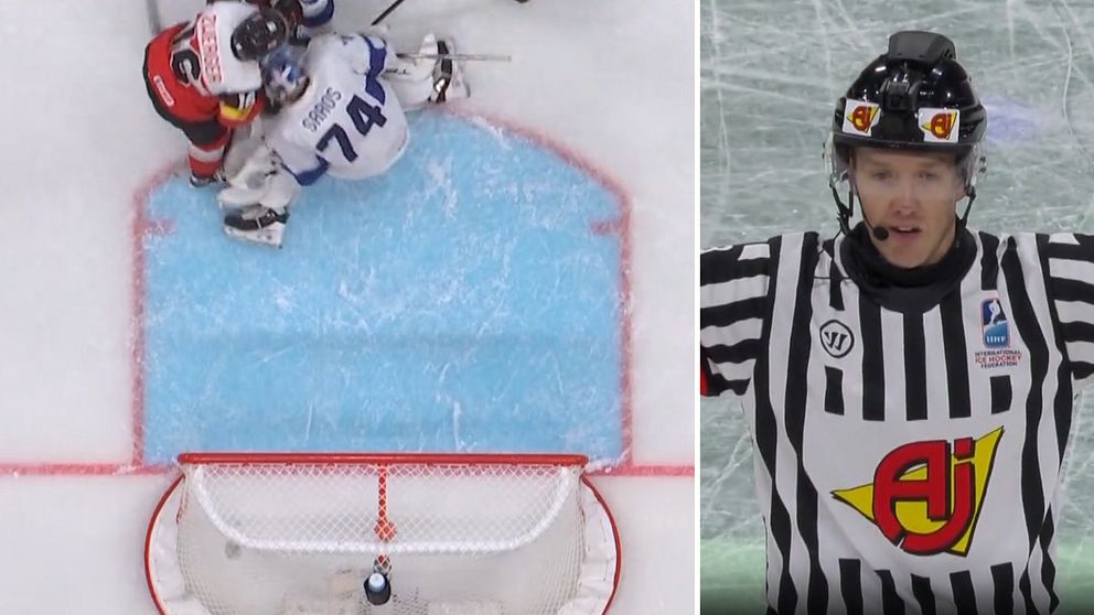 Delad bild. Till vänster: ishockeyspelare vid målbur. Till höger: domare visar gest med armarna.
