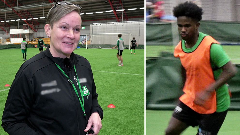 Fotbollstränaren Carola Karlsson med visselpipan i hand och en fotbollsspelare i Bergnäsets AIK i klädd grön tröja och orange väst.