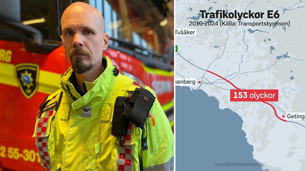 Brandman på brandstationen i Falkenberg och karta med olycksstatistik.