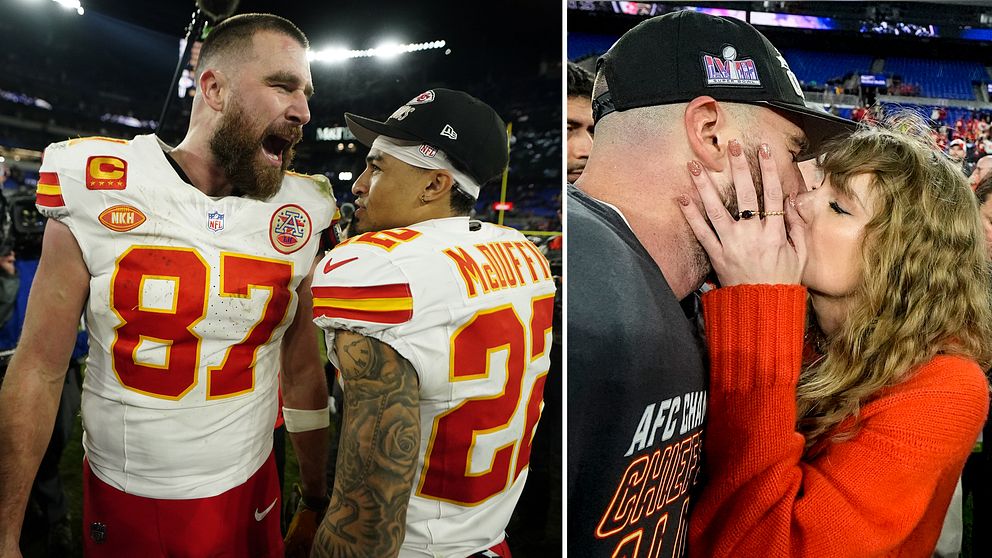 Kansas Citys Travis Kelce får en segerkyss av flickvännen tillika popstjärnan Taylor Swift.