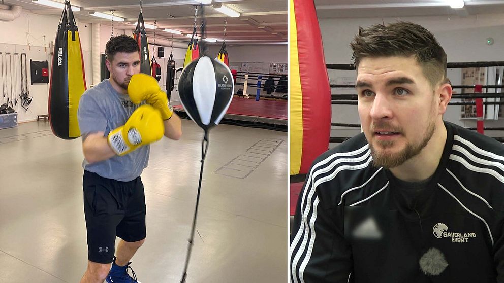 Delad bild: Erik Skoglund tränar mot en boxboll, Porträttbild av Erik skoglund