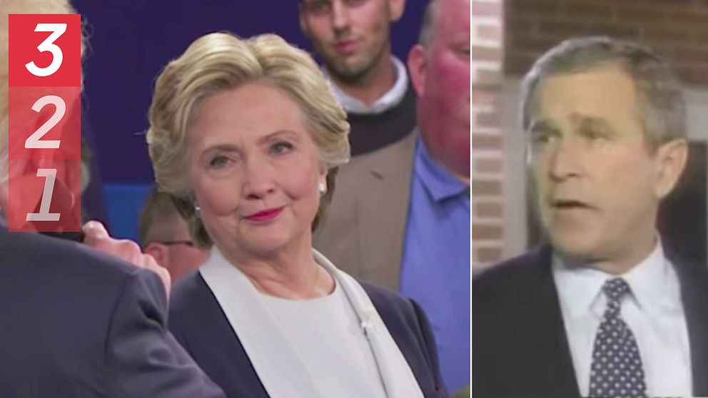 En scen från en debatt där Donald Trump talar till Hilary Clinton. I bakgrunden syns flera personer som observerar händelsen. Till höger en bild på George W. Bush.