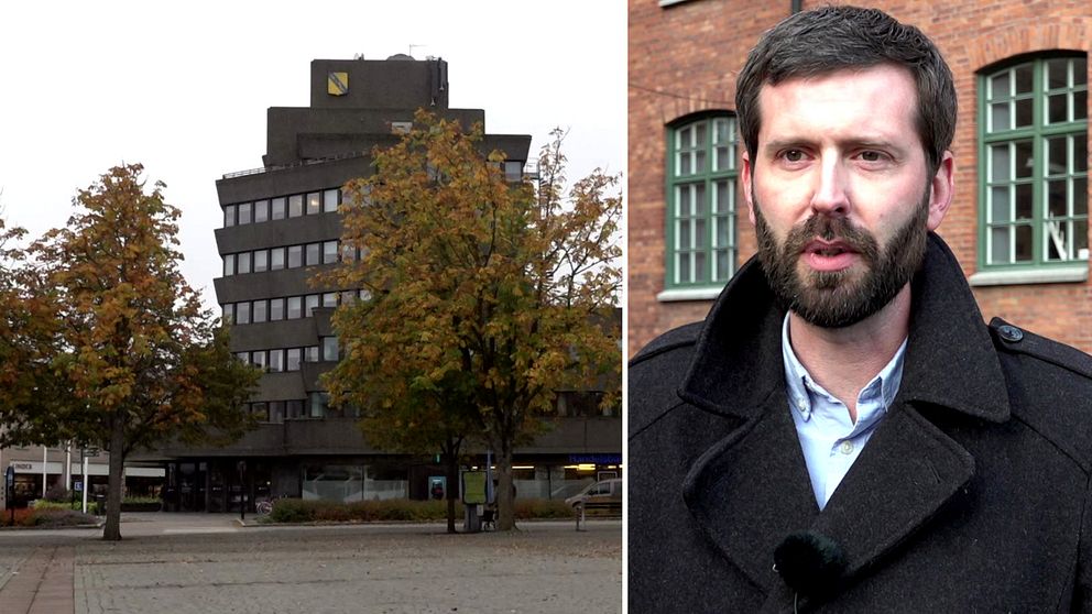 En delad bild som visar två sektioner. Den vänstra sidan visar Vetlanda kommunhus, en modern, fler våningar hög byggnad med träd i förgrunden. Höger sida Georg Grönwald, kommunikation- och utvecklingschef Vetlanda kommun. Visar en man i en mörk kappa som står framför en rödbrun tegelbyggnad.