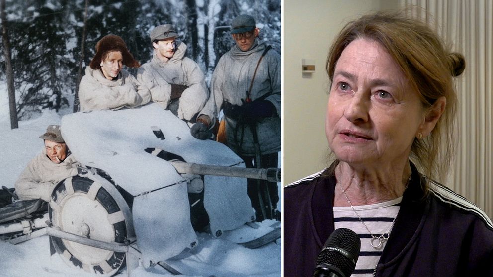 Delad bild. Till vänster: soldater och snötäckt kanon i skog. Till höger: Kristina Lindström vid mikrofon.