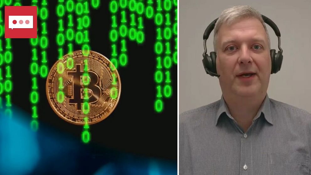 Bitcoin och porträttbild av man med headset.