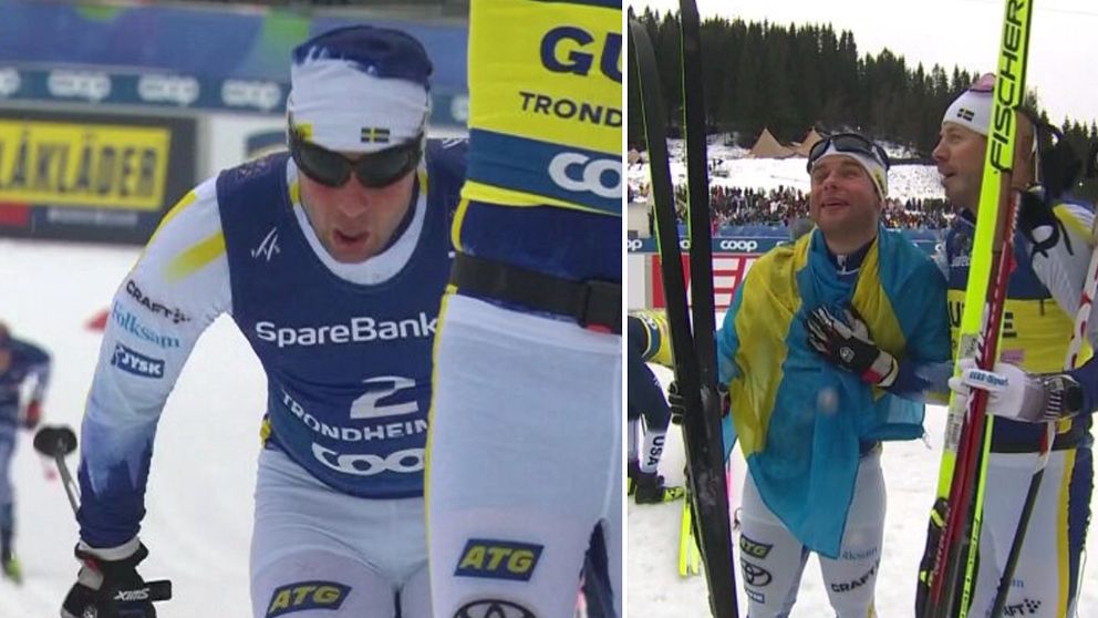 Tvådelad bild. Vänster: Längdskidåkare i tävlingsdräkt. Höger: Skidåkare samtalar vid målgång.