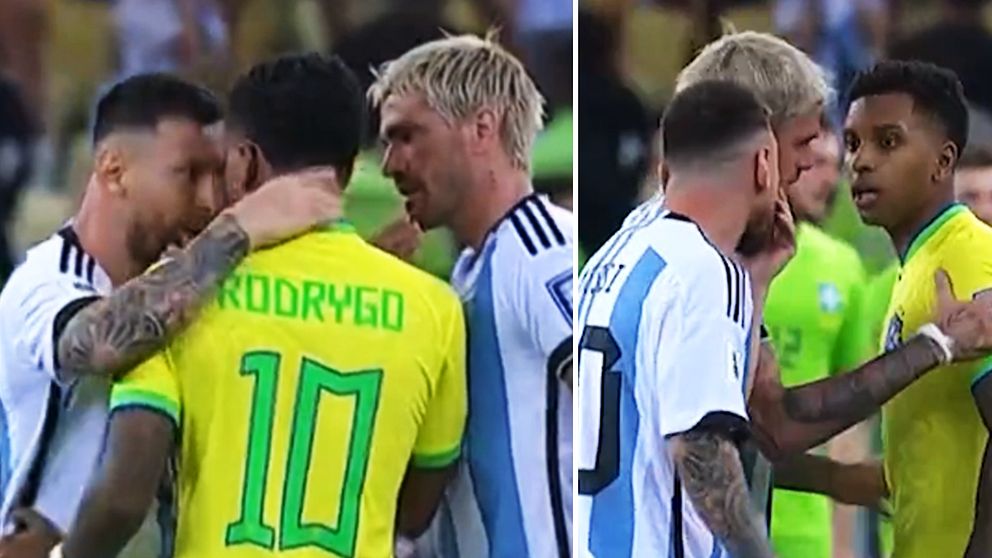 Lionel Messi i dispyt med brasilianska stjärnan Rodrygo under kaosmatchen i Sydamerika