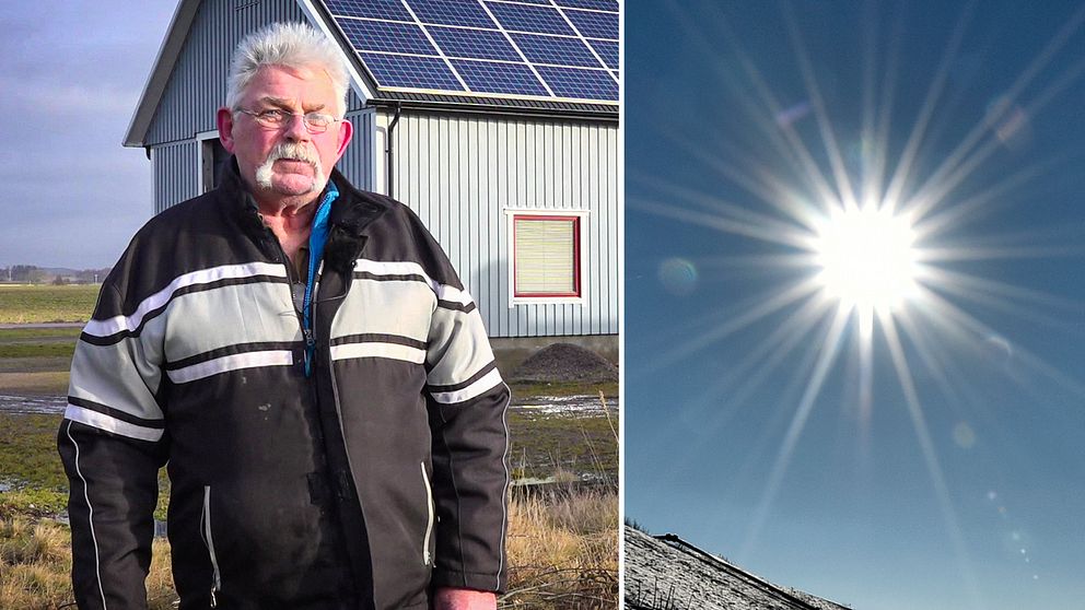 Jörgen Pedersen, 68, står framför sina solceller i Laholms kommun som gett extra bra effekt år 2022 och 2023.