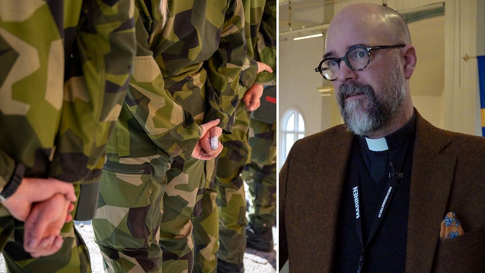 Bildens vänstra sektion visar en rad soldater i kamouflageuniform som står i givakt med händerna knäppta bakom ryggen. Den högra sektionen visar Amiralitetspastorn Daniel Breimert i kostym med en kavaj och prästkrage,