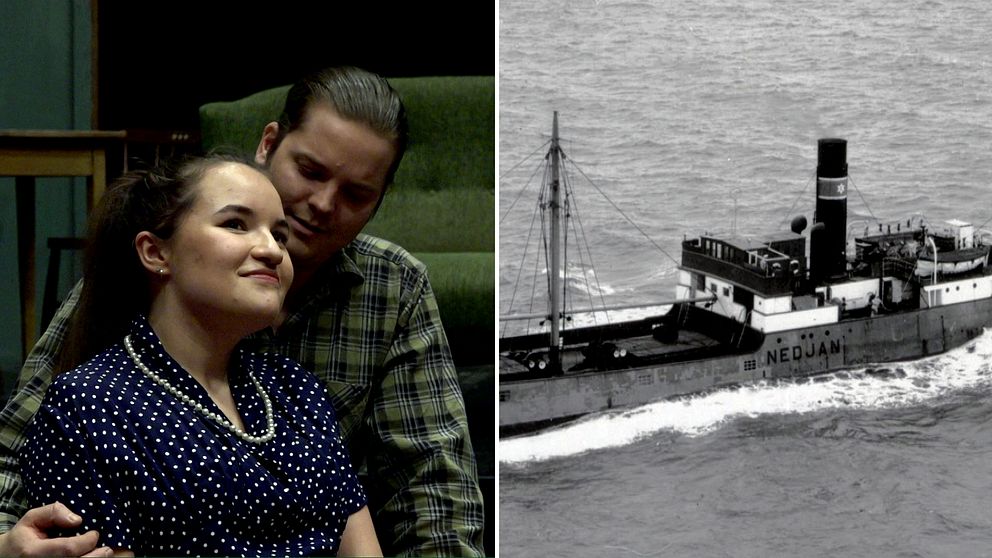Delad bild. Ett par som håller om varandra och fraktfartyget Nedjan