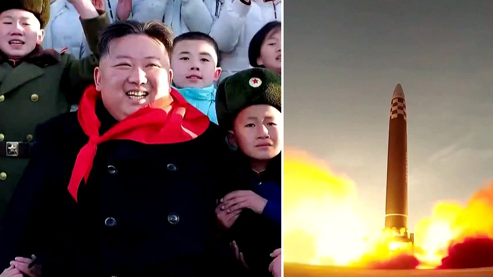 Kim Jong-Un omgiven av nordkoreanska invånare, uppskjutning av missil