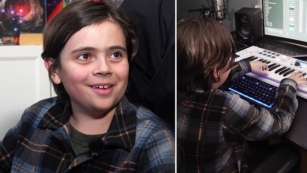 12-årige Victor i brunt hår och rutig skjorta hemma vid datorn i Mölnlycke där han skrivit låten som astronauten Marcus Wandt tar med sig på rymdfärden