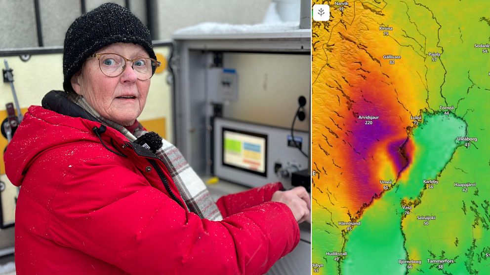 Tvåbild: Ulla Bro som installerar luftmätningsutrustning samt skärmdump av stoftmolnet.