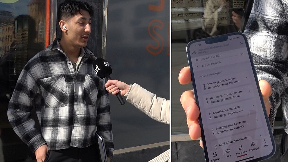 Vänster: Abdulghani Eshaqzahi intervjuas med mikrofon. Höger: närbild på mobiltelefon.