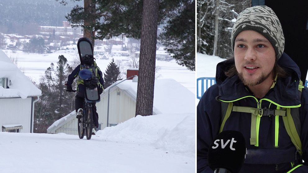 En kille cyklar med en snowboard på ryggen i närheten av Gustavsbergsbacken på Frösön i Östersund.