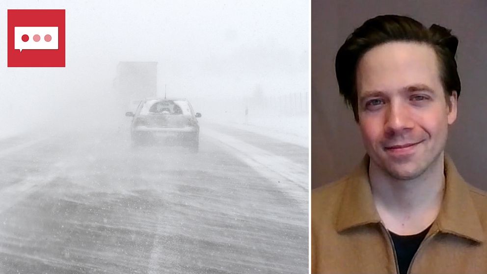 Snöoväder på en väg där sikten är dålig. Till höger meteorologen Nils Holmqvist